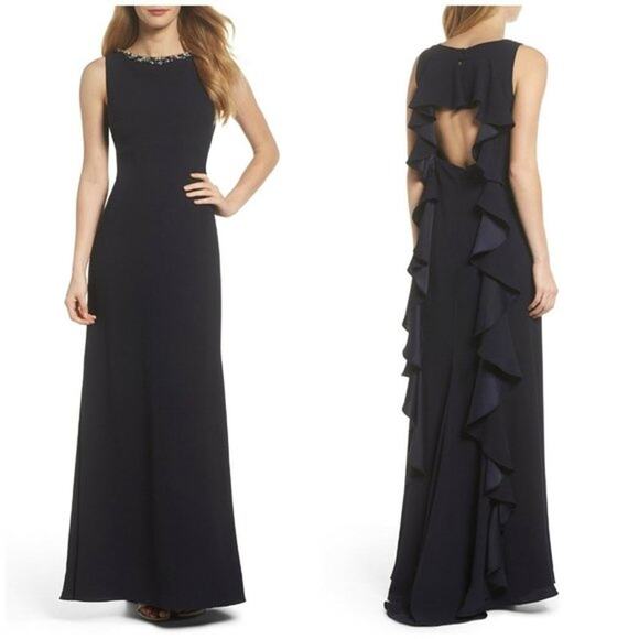 Vince Camuto Navy Blue Embellished Open Ruffle Back Crepe Gown Size 12 - Picture 12 of 16
